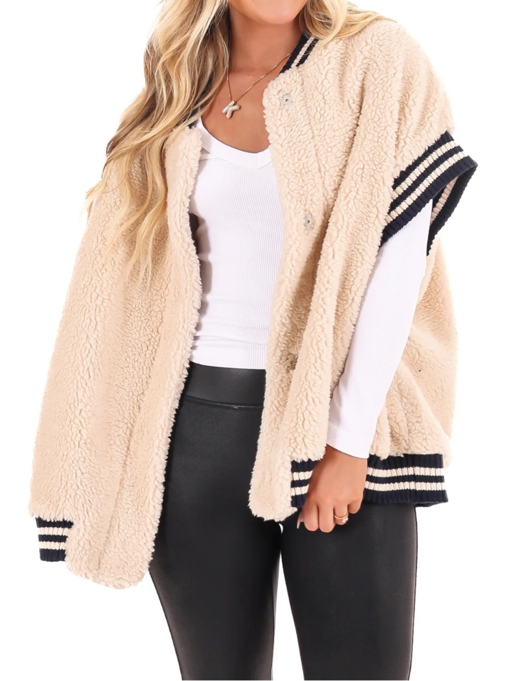 HYFVE Cream Sherpa Button-Front Vest with Navy Stripe Trim